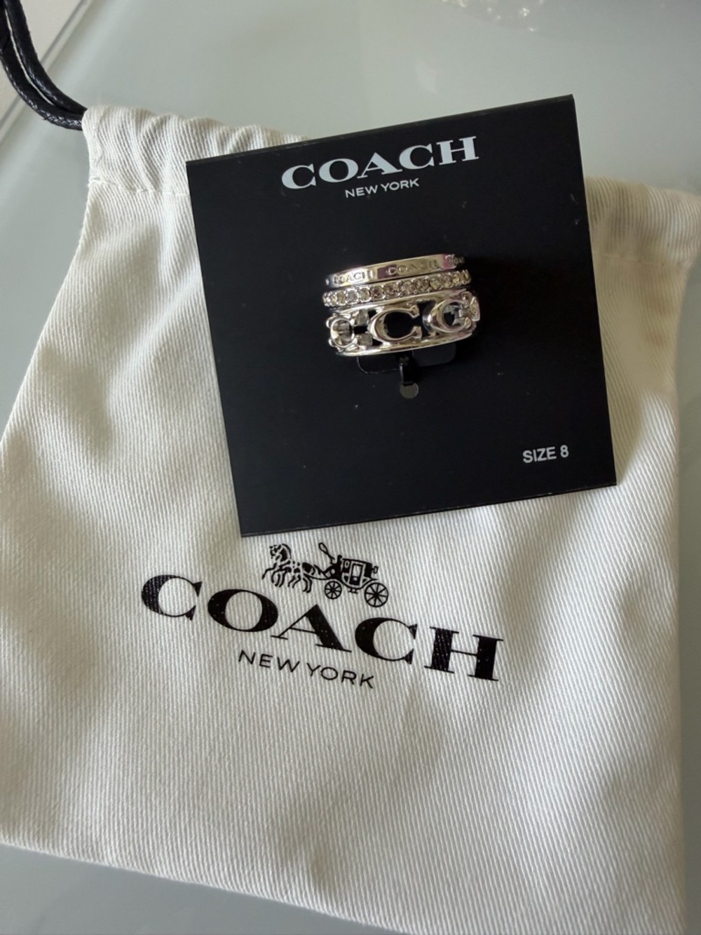 Coach Silver Logo pave Stackable Ring set - Size 8